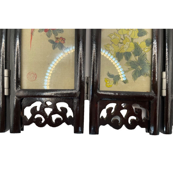 Vintage Asian Folding Screen Mini 4 Silk Panel Hand Painted Wood Bird/Floral - Picture 8 of 10
